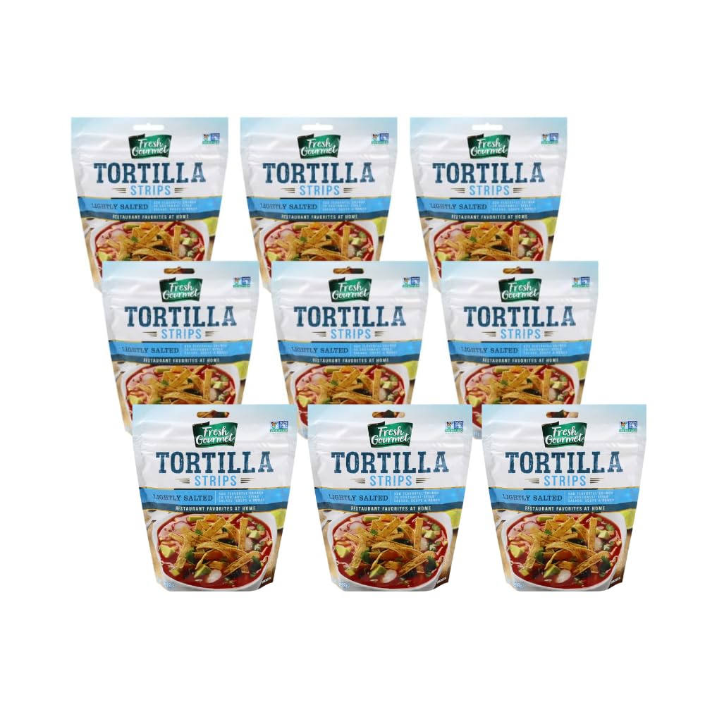 Fresh Gourmet Lightly Salted Tortilla Strips | 3.5 Ounce, Pack of 9 | Low Carb | Crunchy Snack and Salad Topper