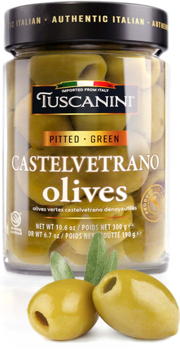 Tuscanini Premium Italian Castelvetrano Green Pitted Olives 10.9oz | Mild & Smooth Flavor | Imported from Italy