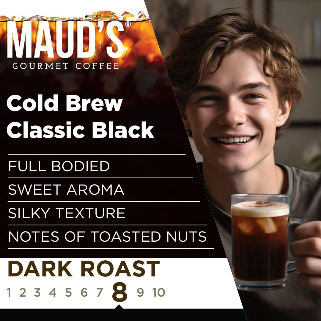 Maud'S Black Cold Brew Dark Roast Coffee Pods, 18 Ct | Cold Brew Classic Black Coffee | 100% Arabica Dark Roast Coffee | Solar E