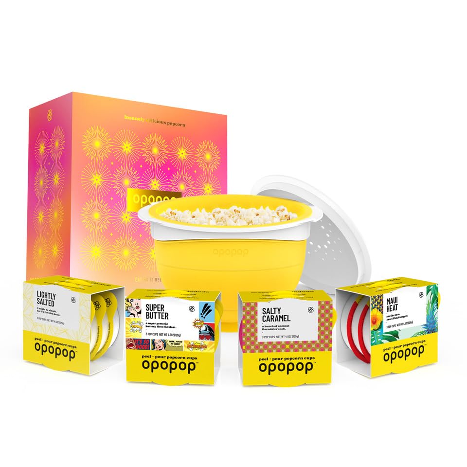 Opopop Gourmet Popcorn Gift Set - Variety 12-Pack Microwave Popcorn Kit, Collapsible Silicone Popcorn Popper, Gift Ready Packagi