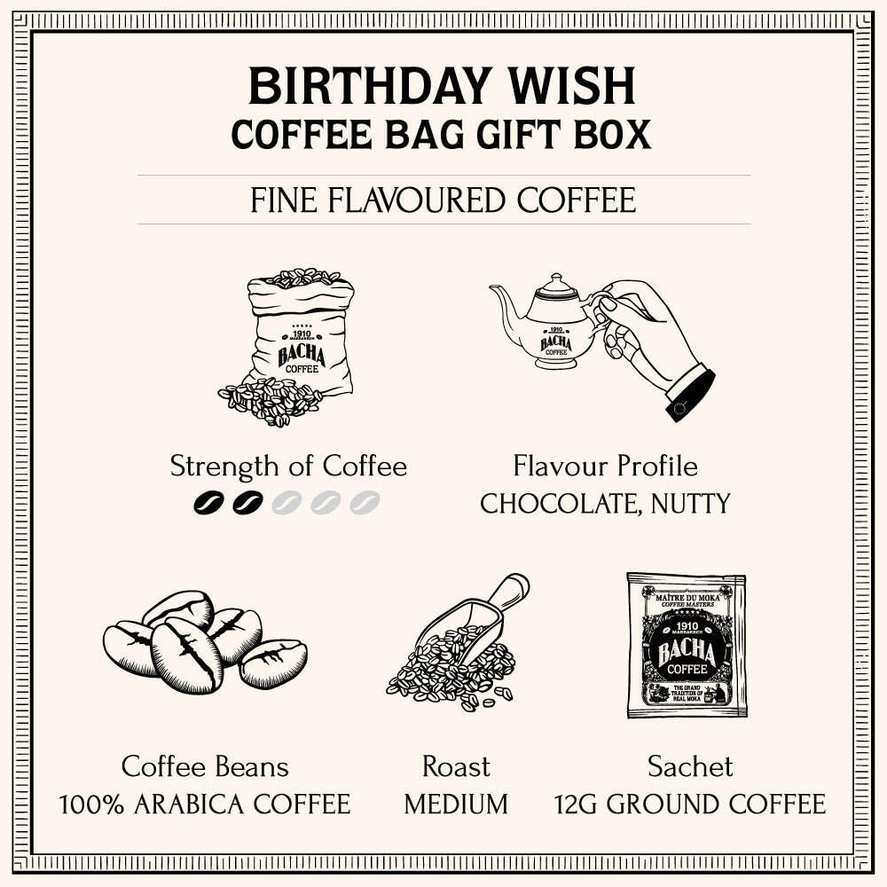 Bacha Coffee Birthday Wish, 100% Arabica Medium Roast, 12 Individually Wrapped Filter Bags, 21.16 oz - Perfect Gift for Coffee Lovers