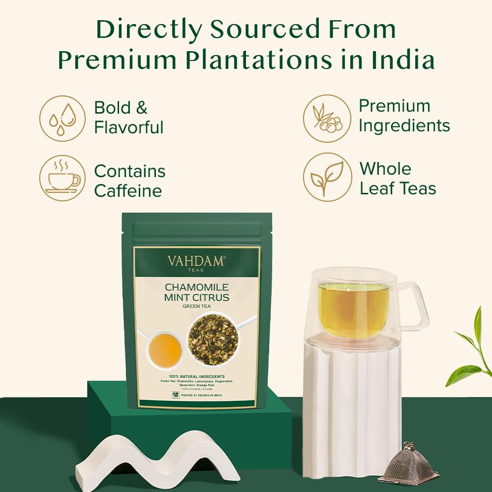 Vahdam, Chamomile Mint Citrus Green Tea Leaves (50+ Cups, 3.5 Oz) Essential Herbs | Green Tea Leaves, Chamomile, Peppermint, Spe