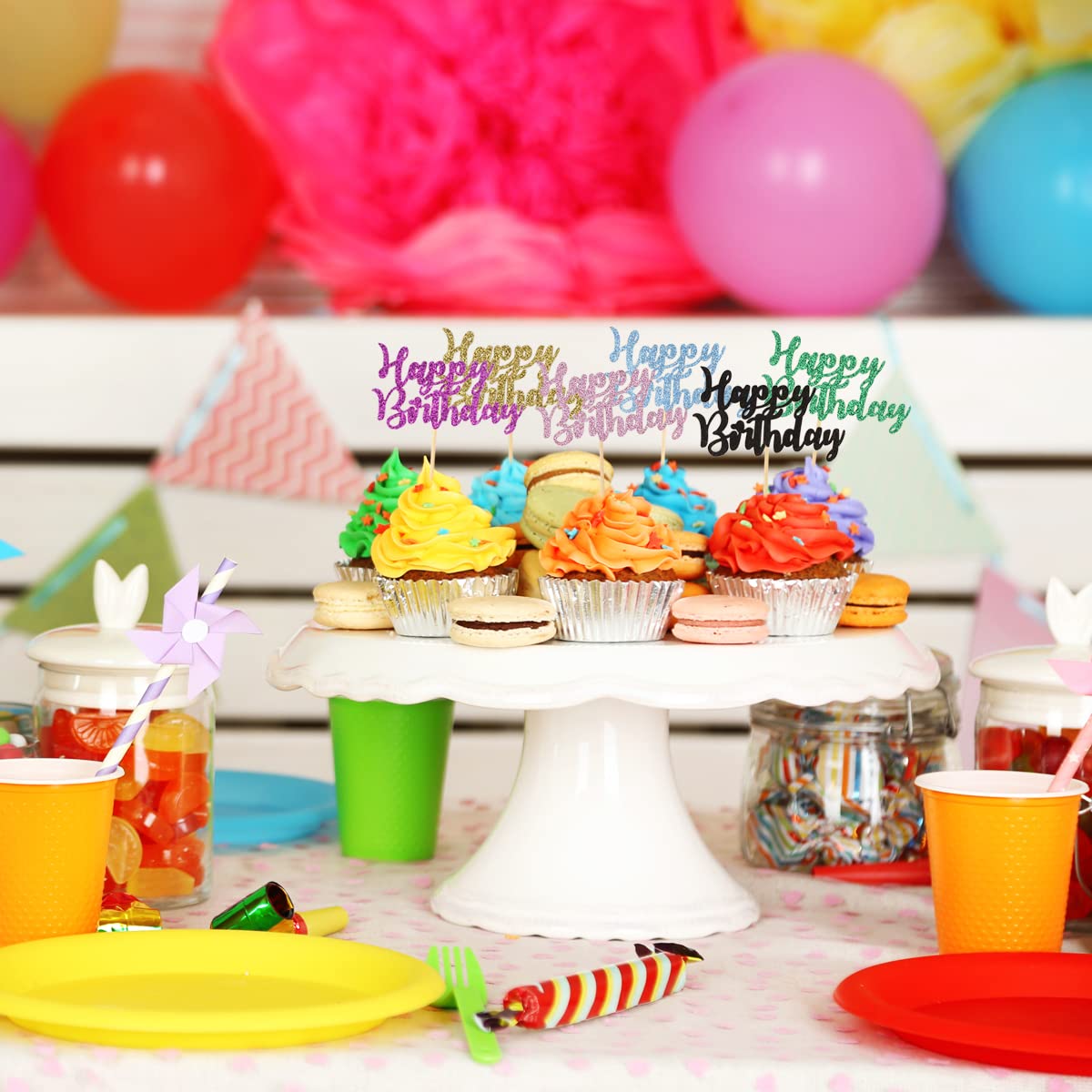 Donoter 24 Pcs Happy Birthday Cupcake Toppers Cake Picks For Birthday Party Decoration Supplies, 6 Colors