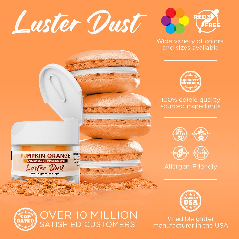 Luster Dust - Pumpkin Orange (4G 1X Jar) | Edible Vegan Dust & Paint For Cake Decorating, Ice Cream, Desserts, Cocktails And Bev