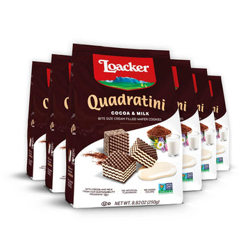Loacker Quadratini Cocoa & Milk Wafer Cookies LARGE - Premium Crispy Bite Size Cocoa Wafers - 30% Less Sugar - NON-GMO - LARGE P