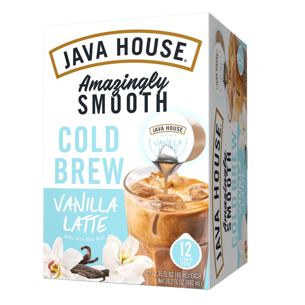JAVA HOUSE French Vanilla Latte Cold Brew Coffee Pods  (12 Count) Peel and Pour Pods Hot or Iced