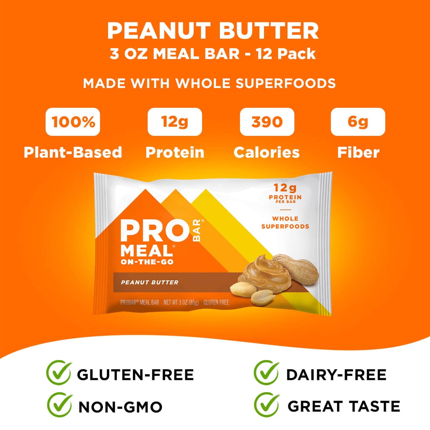 PROBAR - MEAL Bar, Peanut Butter, Non-GMO, Gluten-Free, Healthy, Plant-Based, Whole-Food Ingredients, Natural Energy (12 Count)