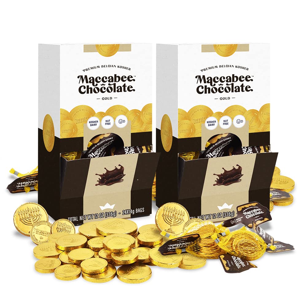 Maccabee Belgian Hanukkah Chocolate Gelt Coins Kosher Nut-Free Dairy Bright Gold (2 Boxes, Each Box Contains 24 Mesh Sacks)