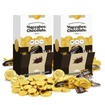 Maccabee Belgian Hanukkah Chocolate Gelt Coins Kosher Nut-Free Dairy Bright Gold (2 Boxes, Each Box Contains 24 Mesh Sacks)