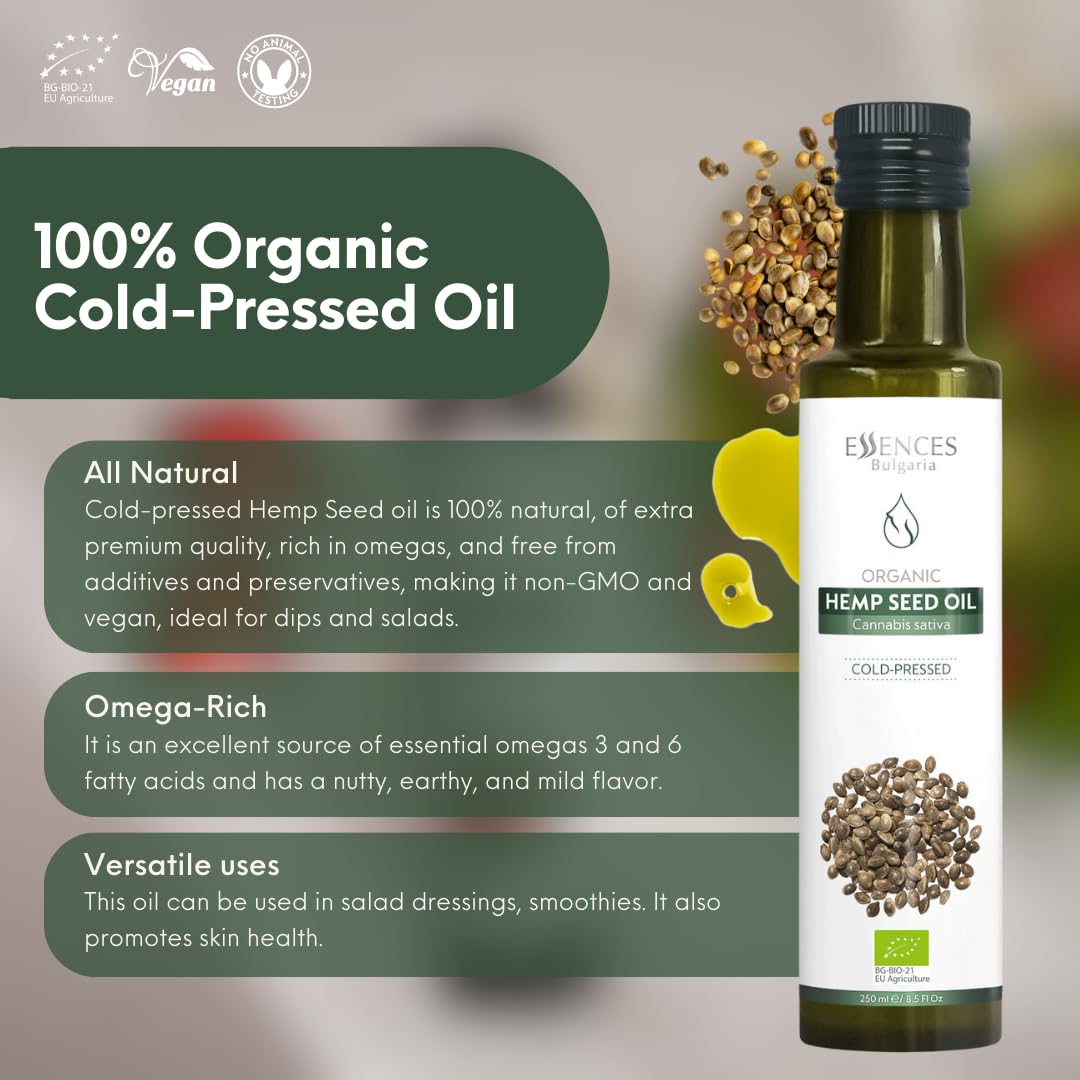 Essences Bulgaria Organic Hemp Seed Oil, 100% Natural Cold-Pressed, 8.5 Fl Oz (250ml), Non-GMO, Vegan, Model 1663