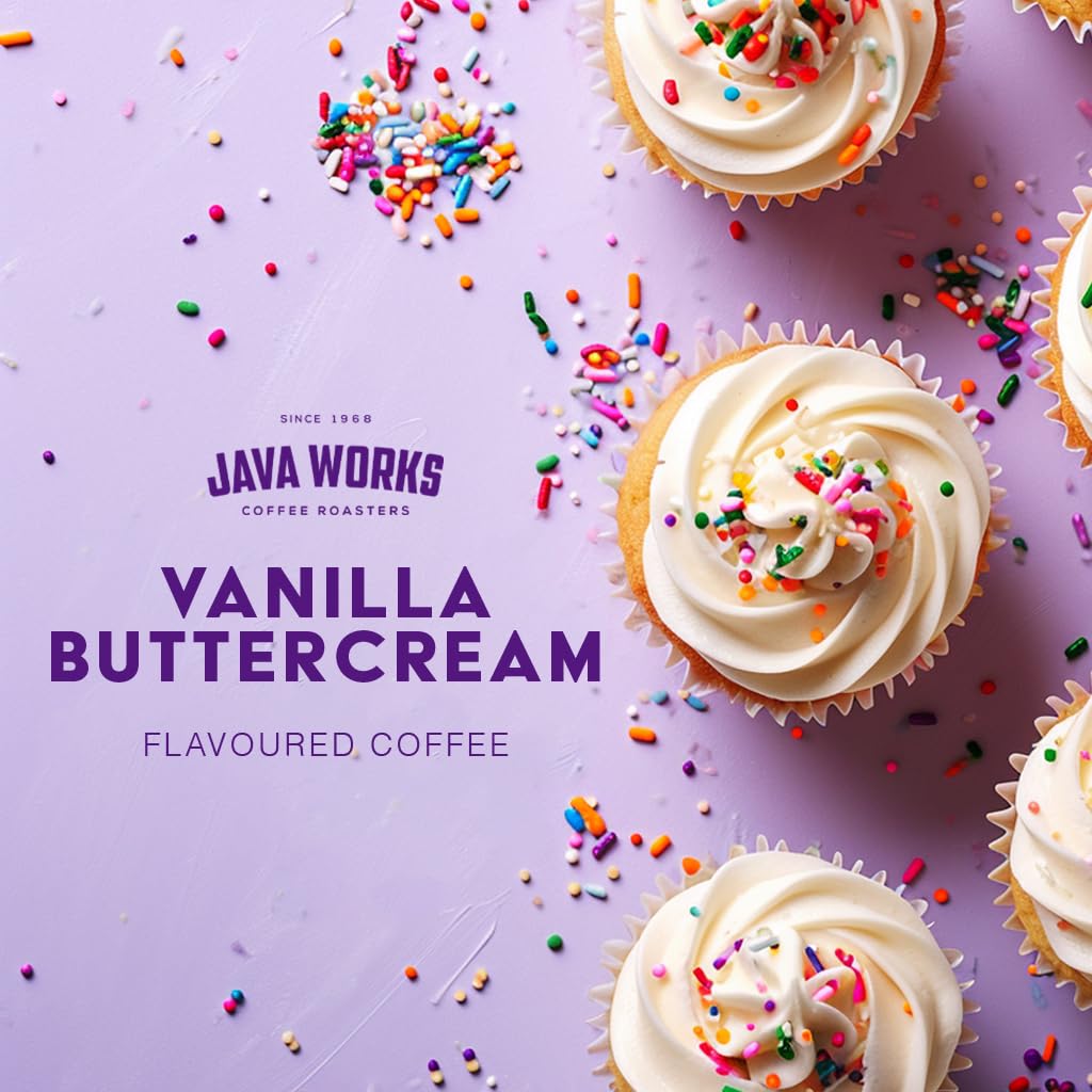 Java Works Coffee - Vanilla Buttercream Flavored Coffee | 12 Ounces | Medium Roast | Whole Bean | No Sugar Added
