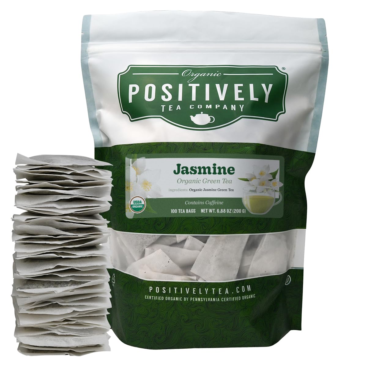 Organic Positively Tea Company Jasmine Green Tea Bags, Eco-Friendly, Non-GMO, 100 Count