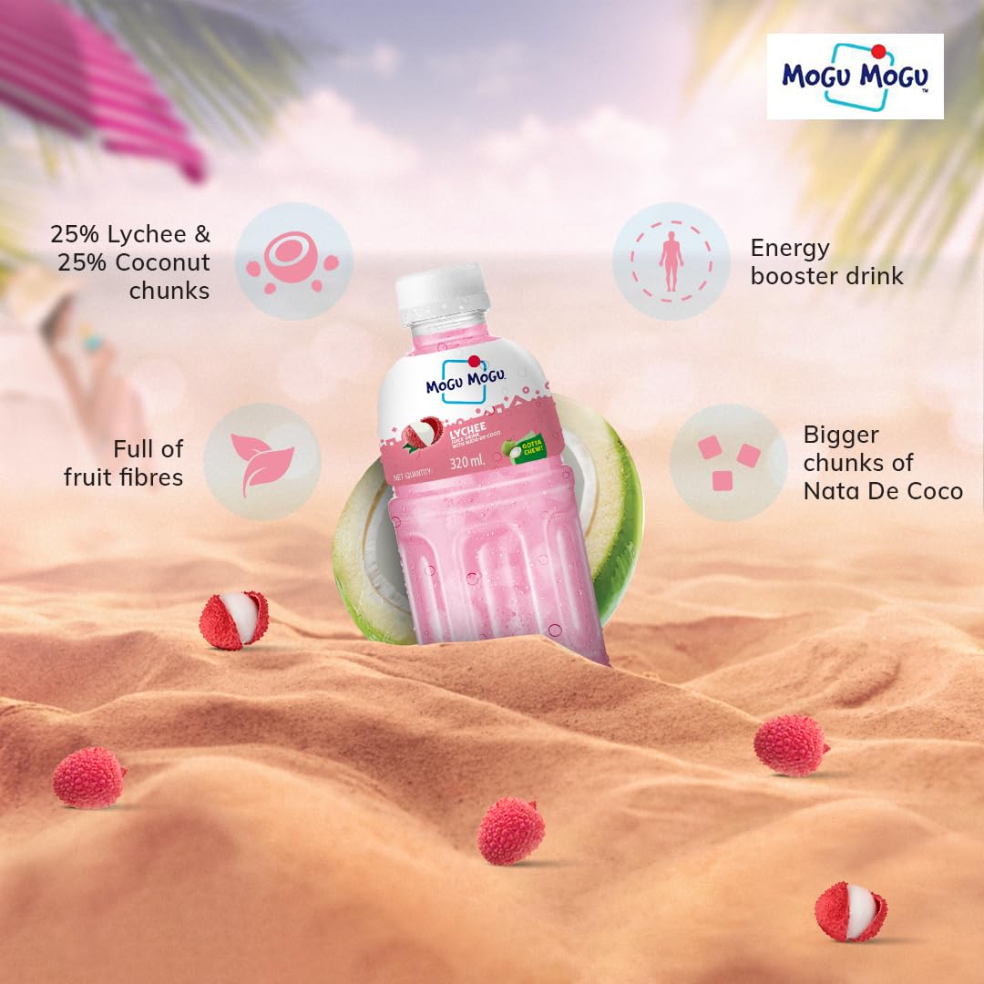 Mogu Mogu Orange And Lychee Juice 25% With Nata De Coco | Energy Booster Drink | Full Of Fruit Fibres | No Added Preservatives A