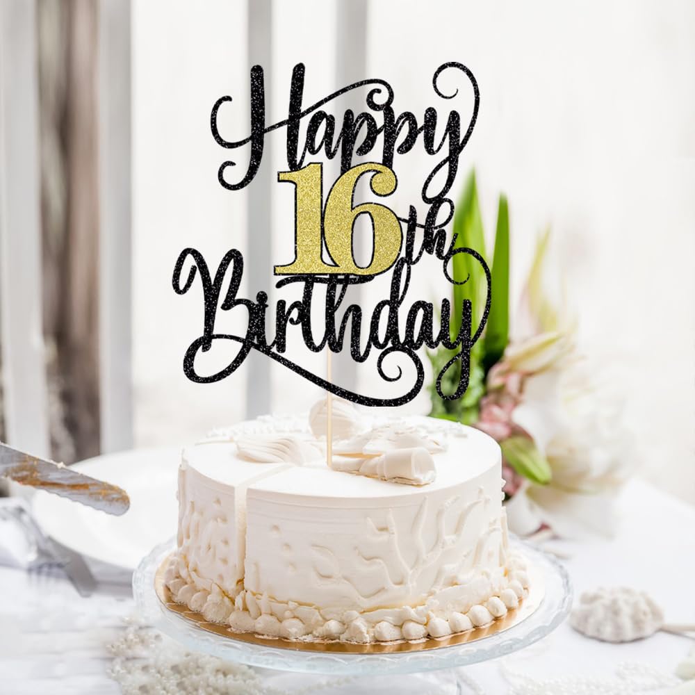 Happy 16Th Birthday Cake Topper, 16 Birthday Party Cake Decorations (Black And Gold Flashes, 16Th)