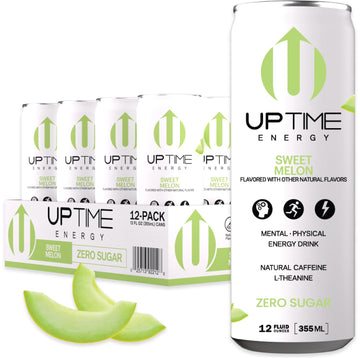 UPTIME Energy Drink - Sweet Summer Melon, 12 Fl Oz Cans, 12 Pack, Sugar Free, 142mg Caffeine, Focus Support