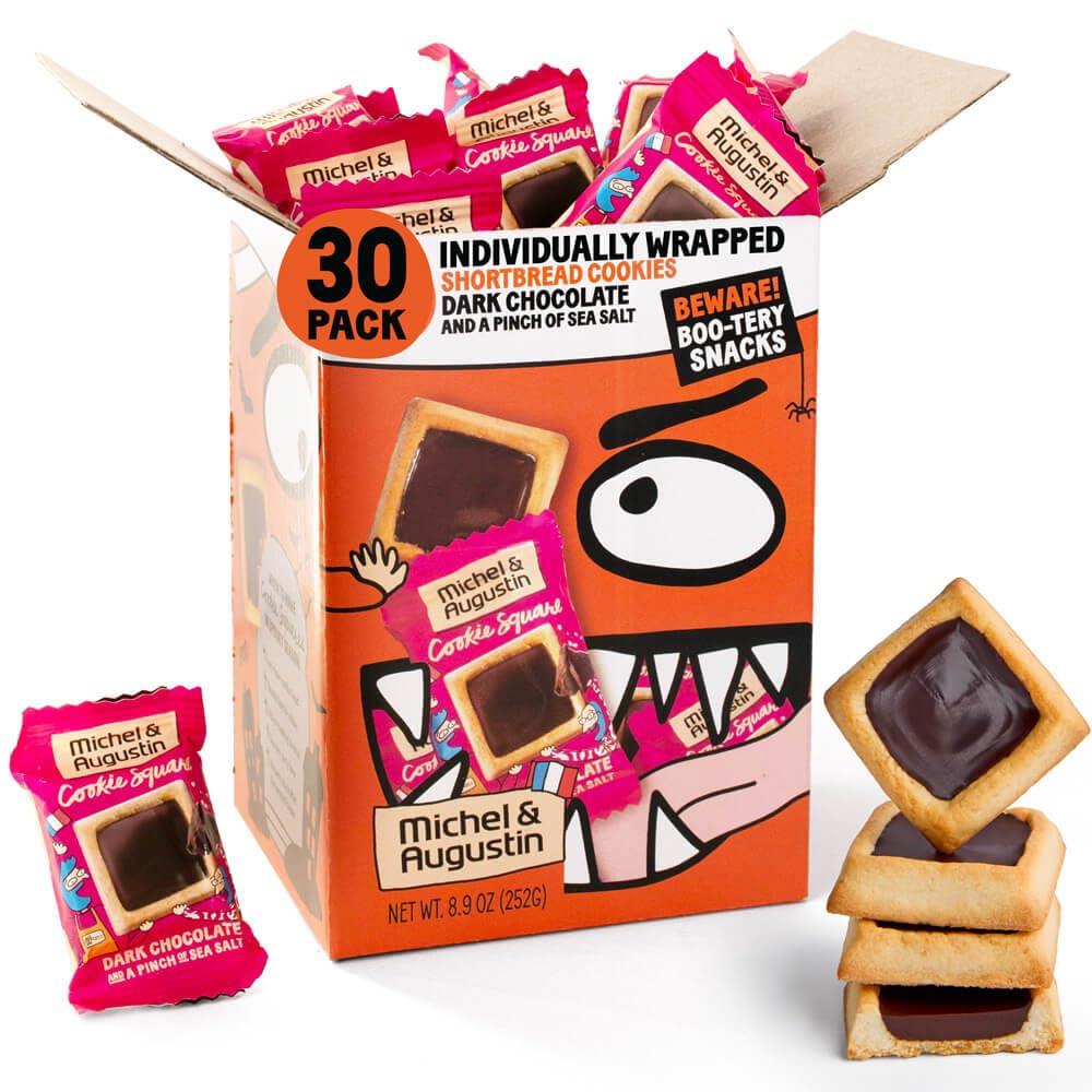 Michel et Augustin Chocolate Cookie Squares  Halloween Chocolate Gift Box  Dark Chocolate & Sea Salt French Shortbread Cookies  Halloween Candy Bulk  Individually Wrapped  30-Pack