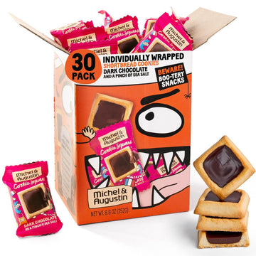 Michel et Augustin Chocolate Cookie Squares  Halloween Chocolate Gift Box  Dark Chocolate & Sea Salt French Shortbread Cookies  Halloween Candy Bulk  Individually Wrapped  30-Pack