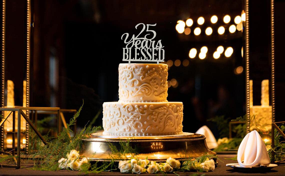 Silver Acrylic 25 Years Blessed Cake Topper, 25Th Birthday Cake Topper, 25Th Wedding Anniversary Cake Topper (Silver Blessed)