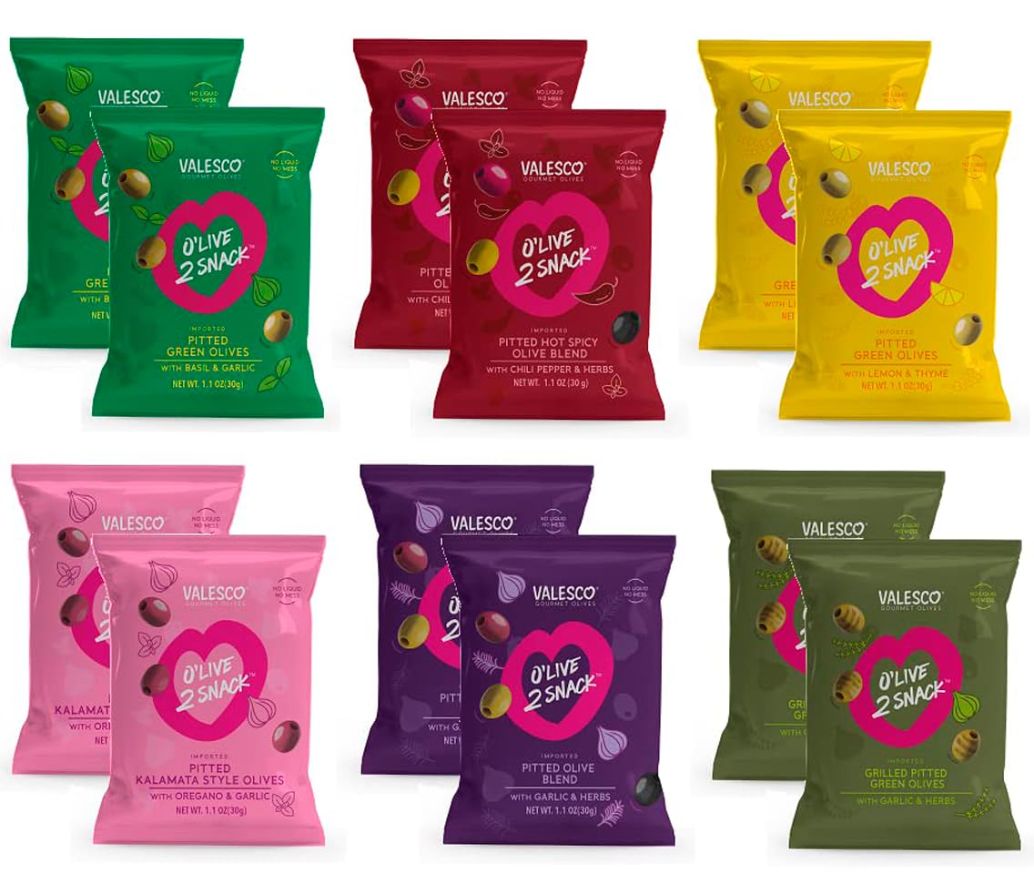 VALESCO OLive Snack Pitted Olives Variety Pack, 6 Flavors, 12 pouches (1 oz each)