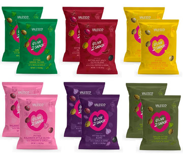 VALESCO OLive Snack Pitted Olives Variety Pack, 6 Flavors, 12 pouches (1 oz each)