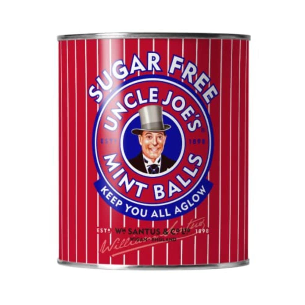 Uncle Joes Sugar Free Mint Balls | British Hard Candy Tins | Hand Cooked on Open Fires | Gluten-Free & Vegan | Individually Wra