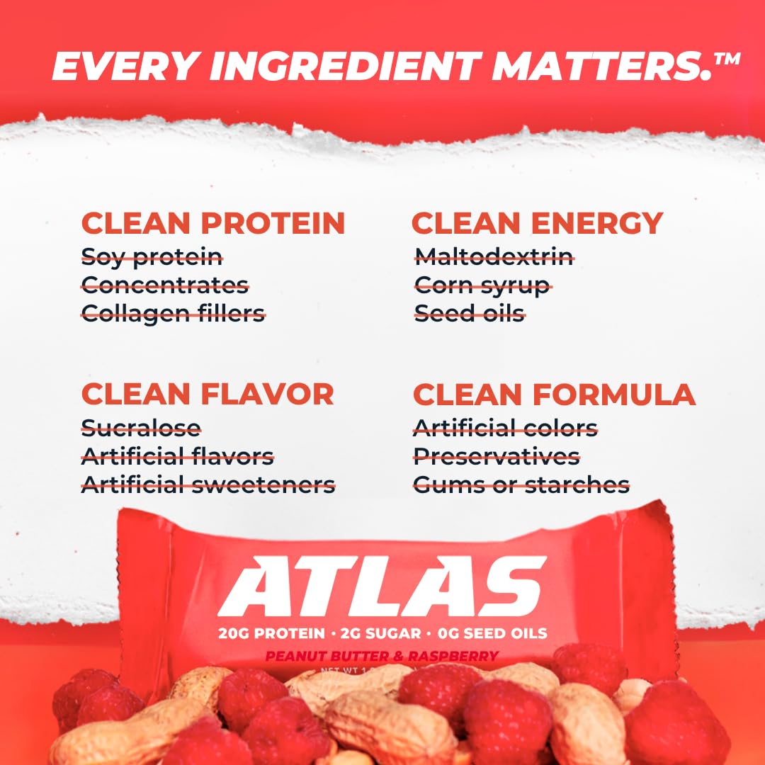 Atlas Bar - 20g Protein, 1g Sugar, 0g Seed Oils, 0g Artificial Sweeteners (36 Count, Peanut Butter Raspberry)
