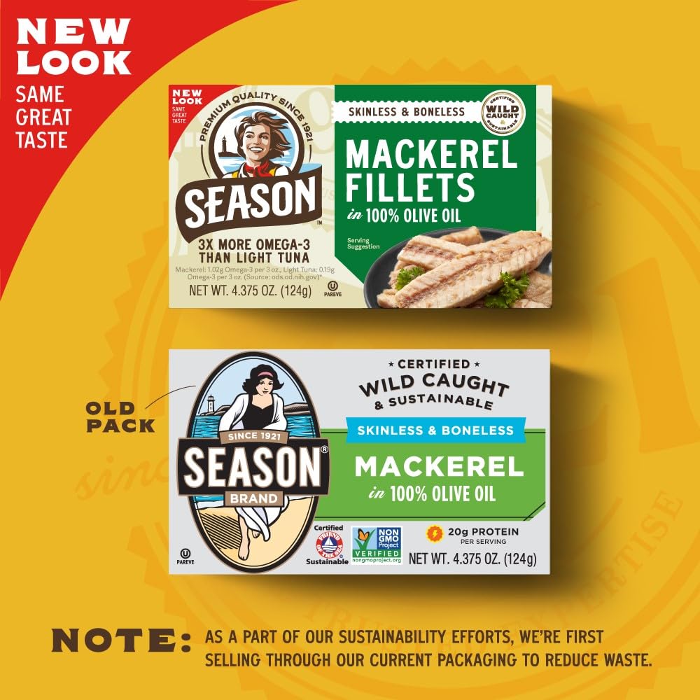 Season Mackerel in Olive Oil - Skinless & Boneless, Wild Caught, Keto Snacks, Canned Mackerel Fillets, Full of Vitamins, Low in