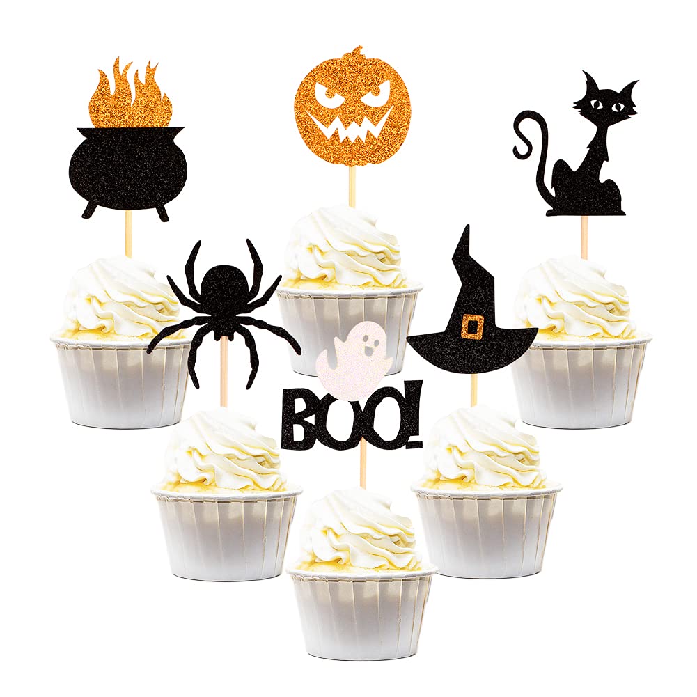 Keaziu Halloween Cupcake Toppers 24 Pack Cat Pumpkin Spider Toothpick Flags Black HCT-24