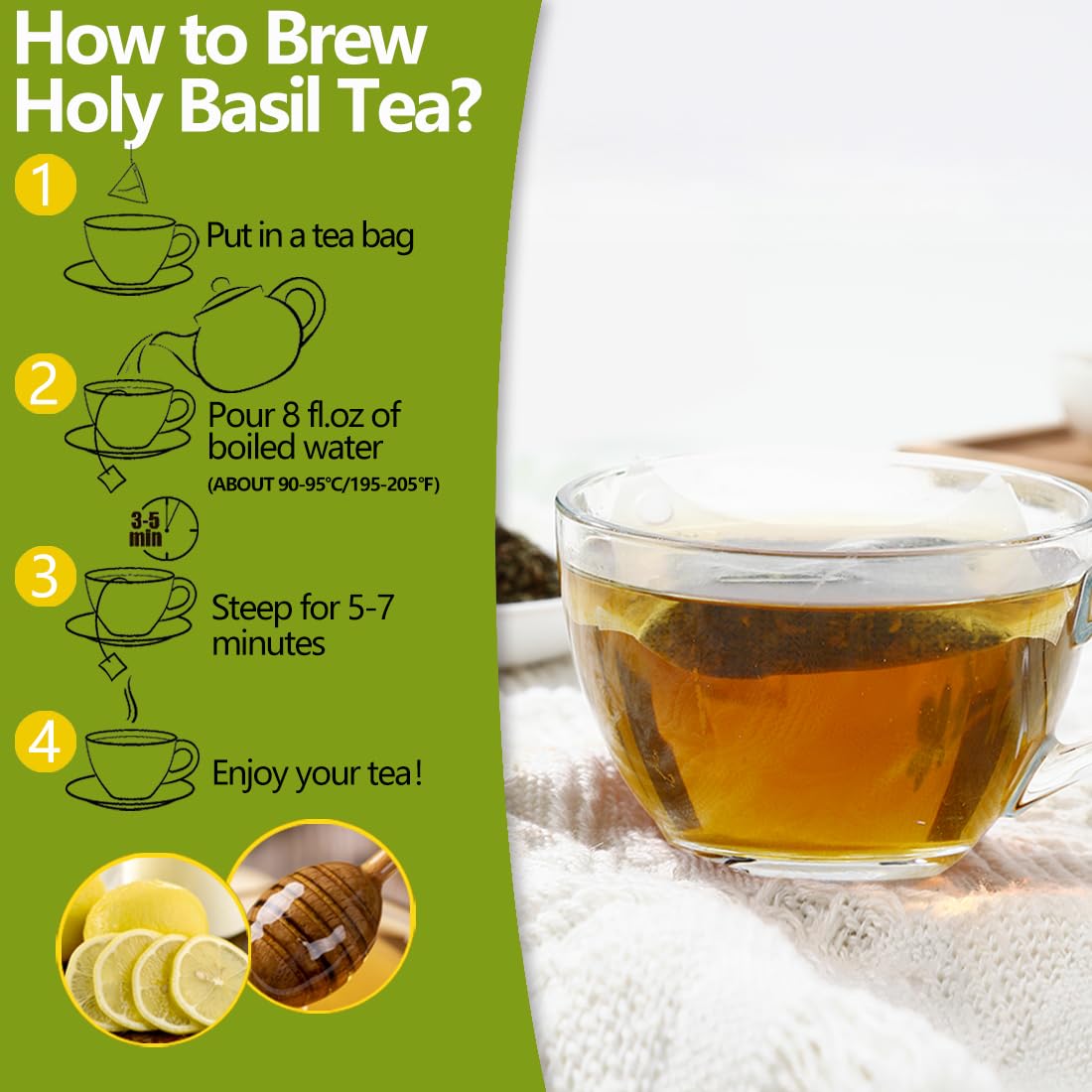 Enhanced 50 Holy Basil Tea Bags, Made With 100% Natural Tulsi Wild Holy Basil Leaves, No Additives & Caffeine Free.