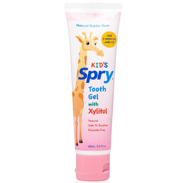 Spry Xylitol Baby Toothpaste, Natural Toddler Toothpaste, Fluoride Free Toothpaste For Kids, Xylitol Toothpaste For Kids Age 3 Months And Up, Tooth Gel Bubble Gum 2 Fl Oz (Pack Of 1)