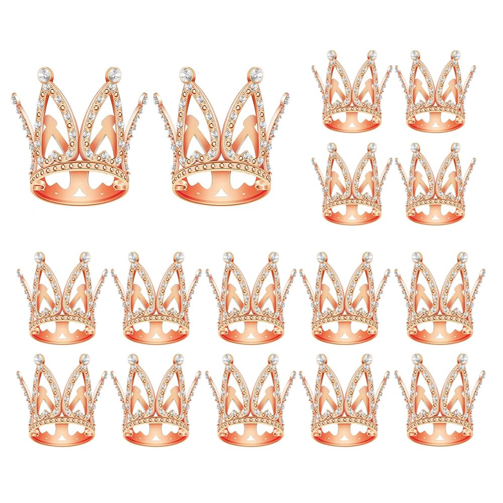 Fulanfudi Mini Crown Cake Topper Set, 16pcs, Rhinestone, Alloy, Small, Rose Gold, Baby Shower, Princess Birthday Decorations