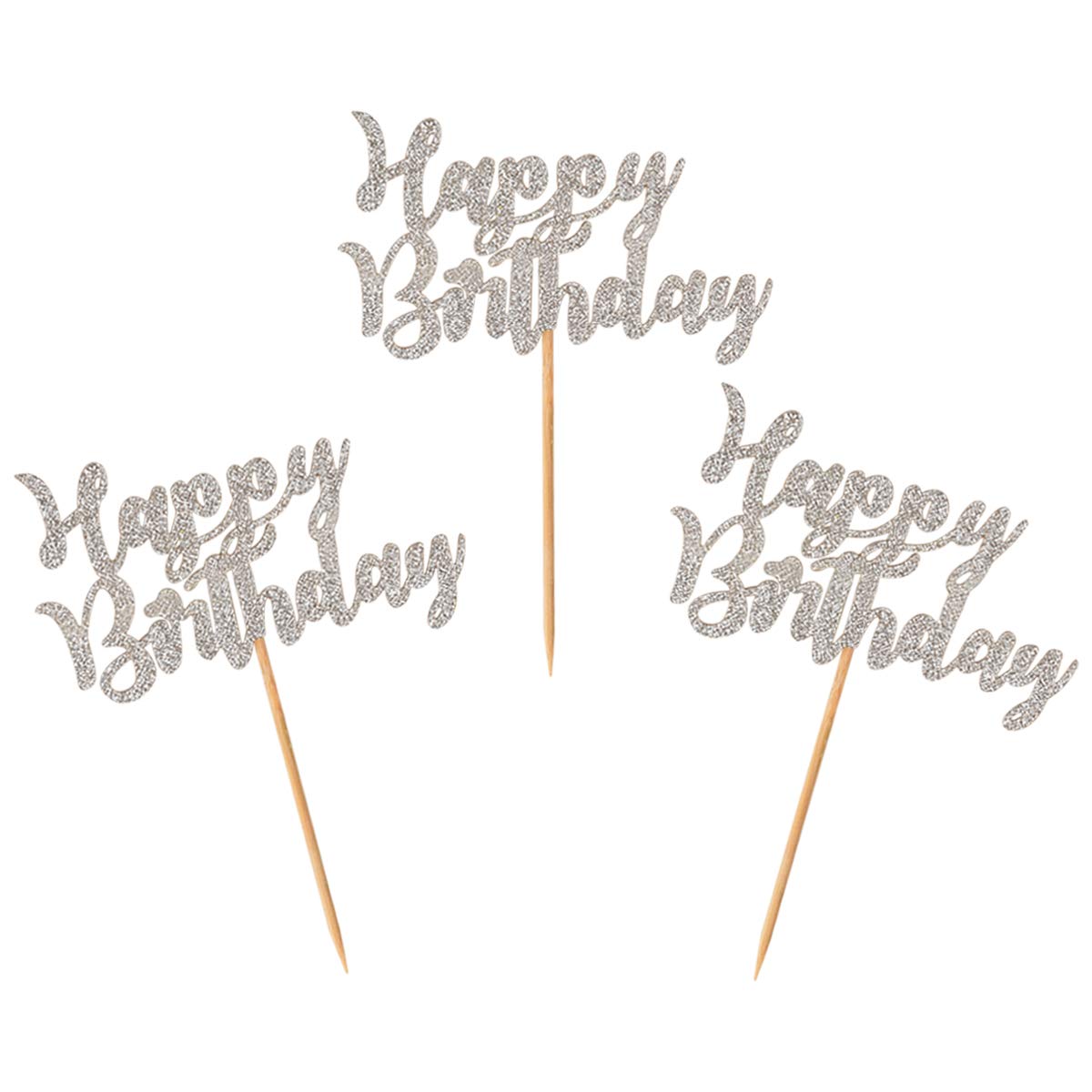 Donoter 24 Pcs Glitter Silver Happy Birthday Cupcake Toppers Cake Picks For Birthday Party Decoration Supplies