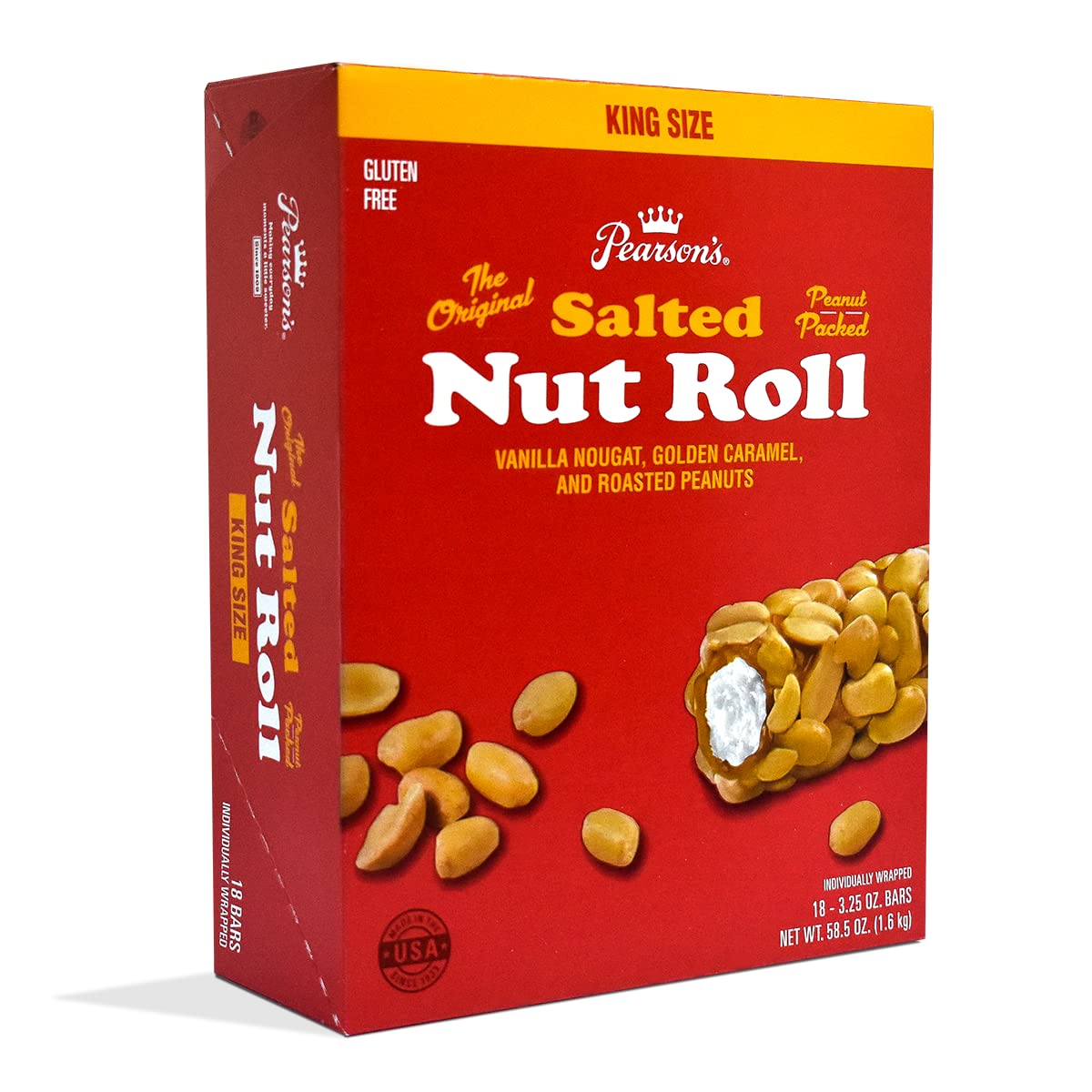 Pearsons King Original Salted Nut Roll | Loaded With Crunchy Roasted Peanuts, Golden Caramel, and Chewy Nougat | Pack of 18-3.2