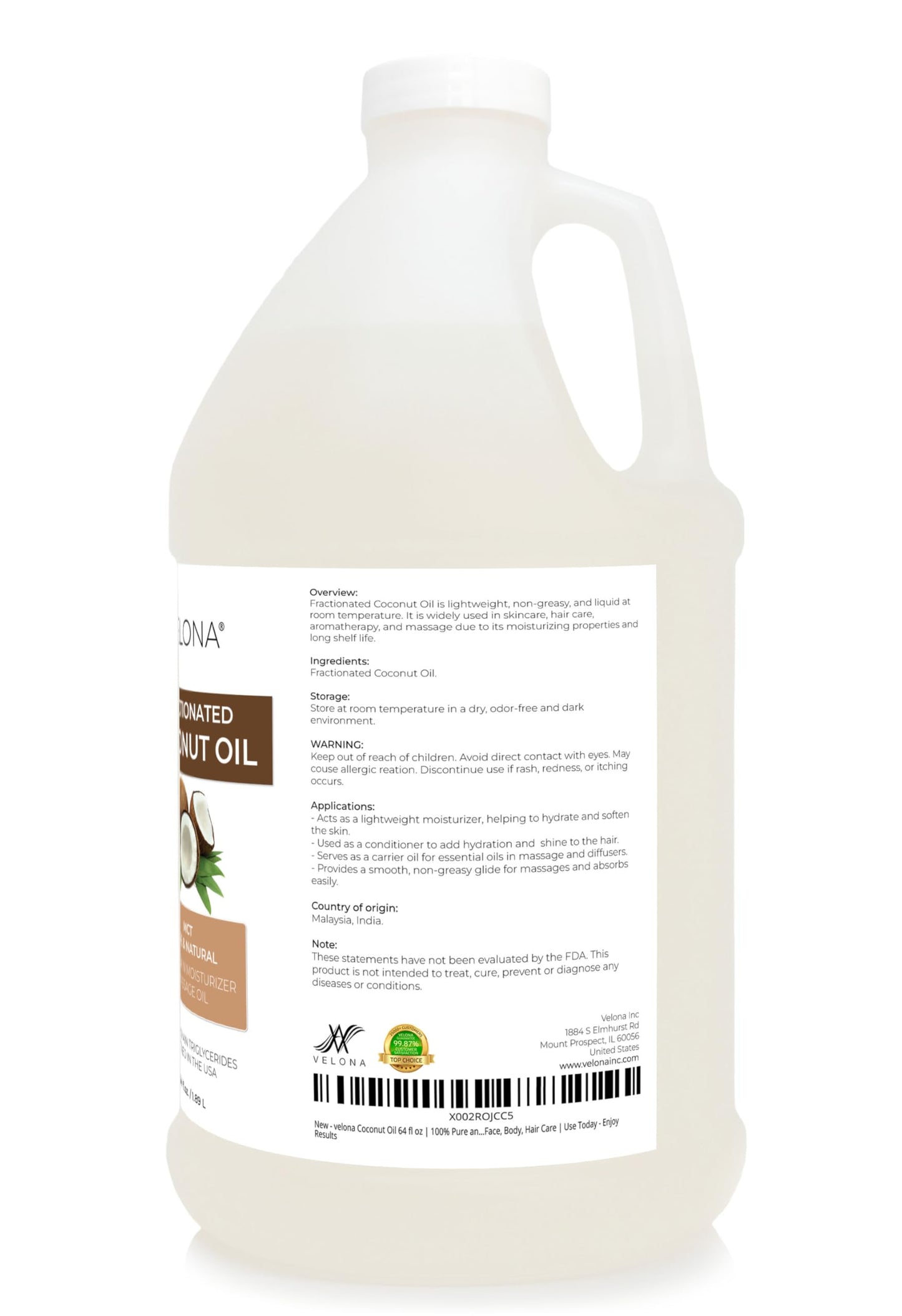 velona MCT Coconut Oil | 100% Pure Carrier Oil for Skin, Face, Body, Hair | 64 Fl Oz