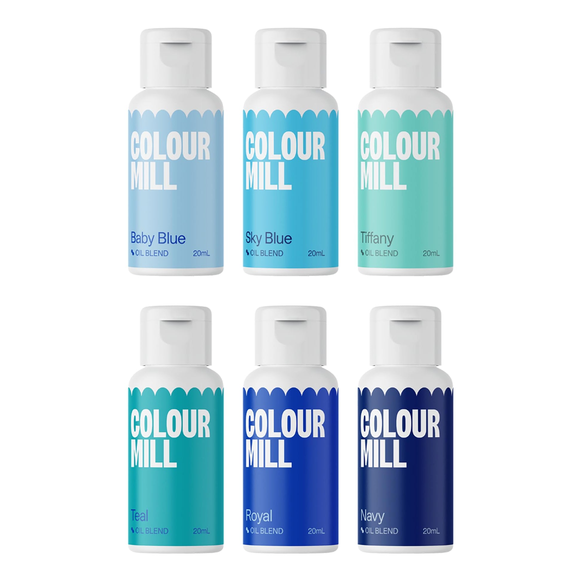 Colour Mill Oil-Based Food Coloring, 20 Milliliters Each Of 6 Colors: Baby Blue, Navy, Royal, Sky Blue, Teal And Tiffany