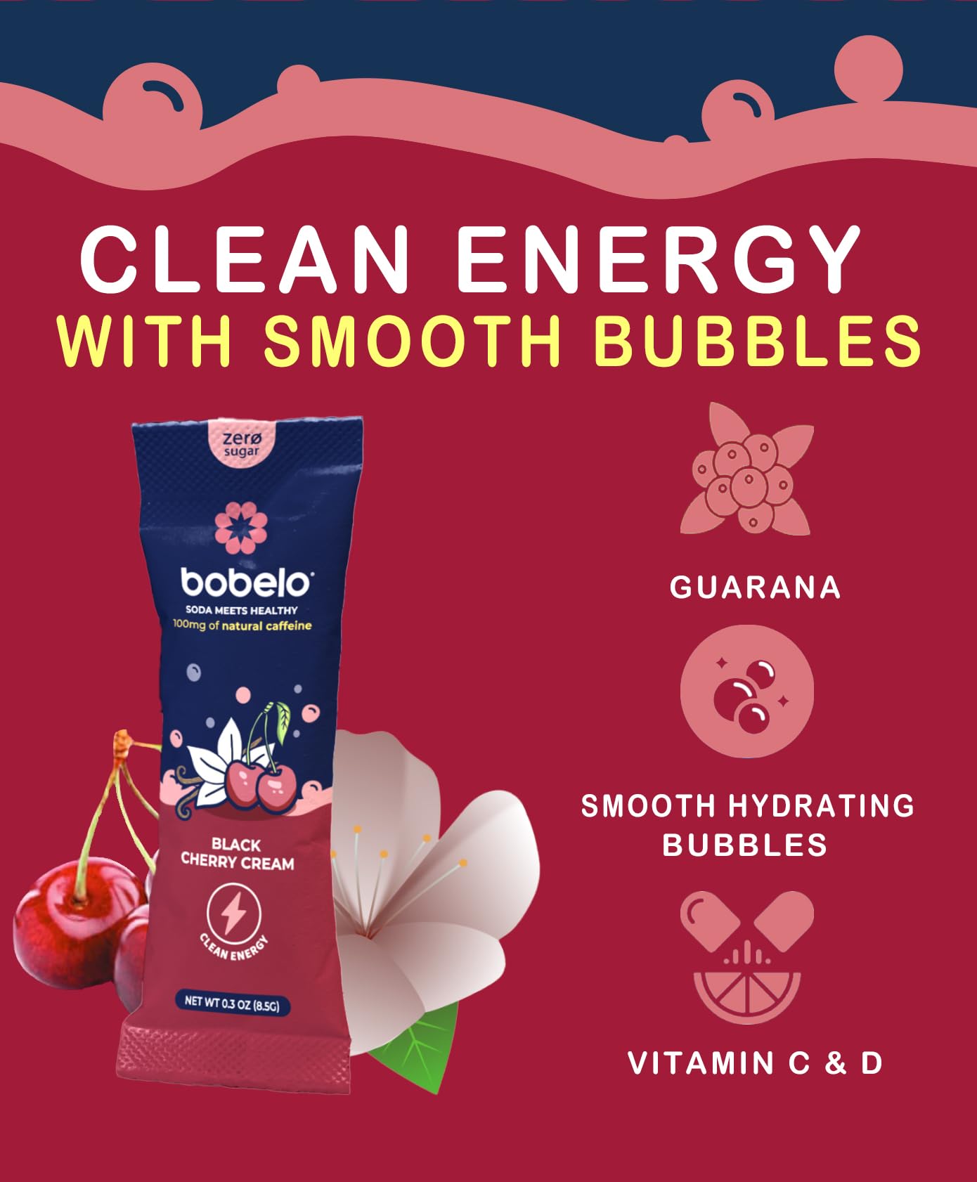 Bobelo Black Cherry Cream Energy Drink Powder, Sugar Free, Electrolytes, 15 Count, 0.3 Ounce (Pack of 15)