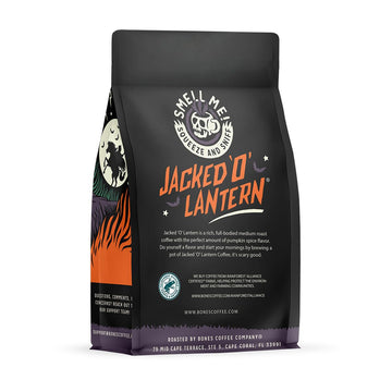 Bones Coffee Company Jacked O' Lantern Pumpkin Spice Flavored Whole Beans | 12 Oz Medium Roast Arabica Low Acid Coffee | Gourmet