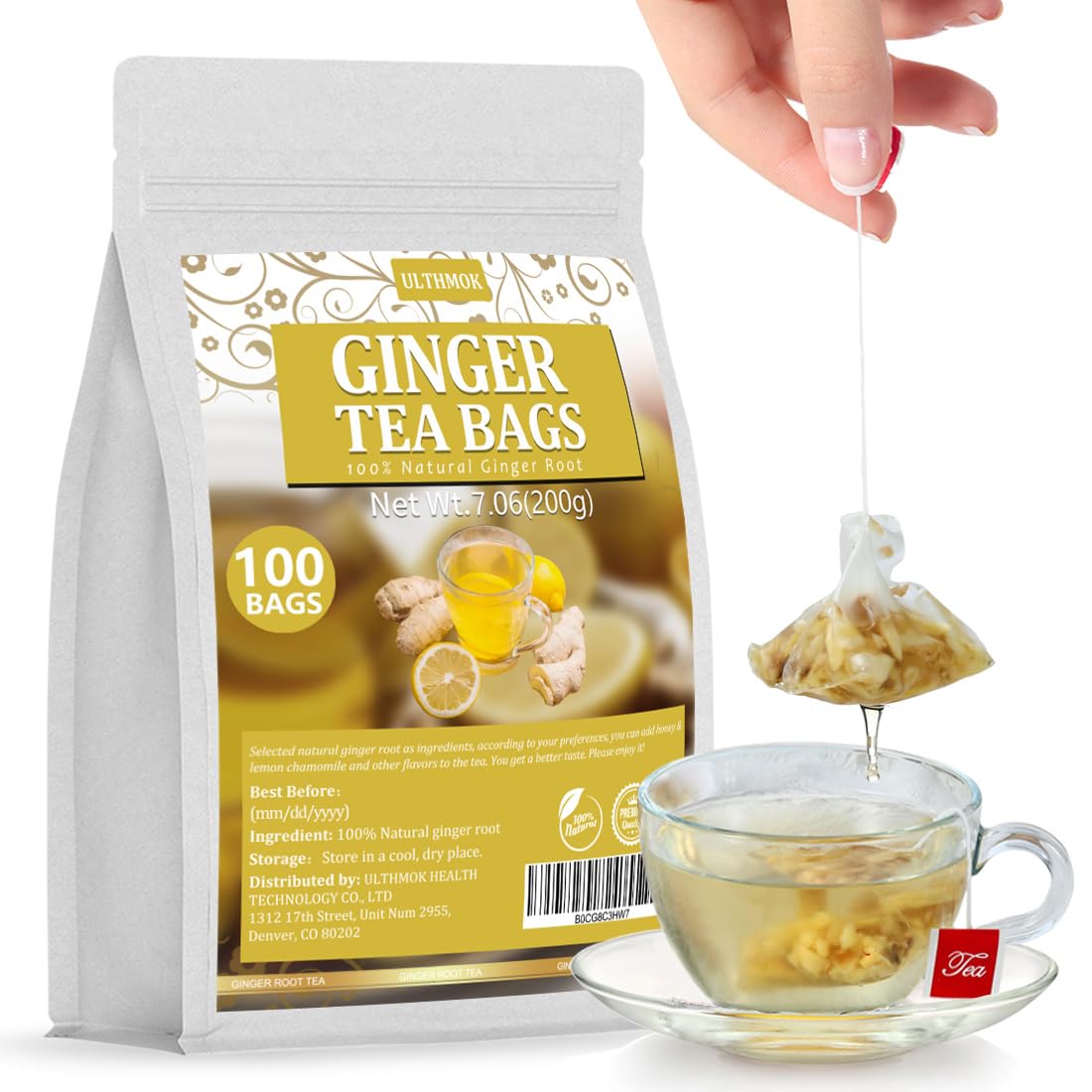 ULTHMOK Premium Ginger Tea Bags, 100 Count, Caffeine Free, 100% Ginger Root, Supports Digestion and Immunity