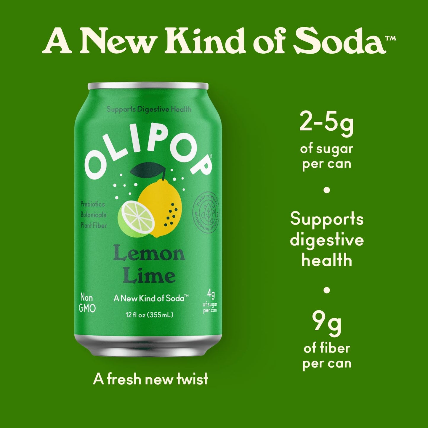 OLIPOP Prebiotic Soda Pop  Lemon Lime  Prebiotics  Botanicals  Plant Fiber  12 fl oz
