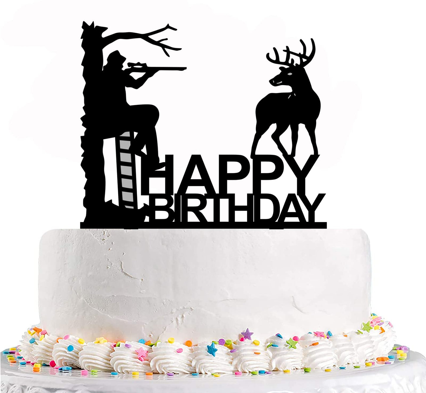 Ximoogoooz Hunting Birthday Cake Topper - Hunter In Tree Stand Aiming The Deer - Camping Themed Deer Hunter Cake Topper For Men'
