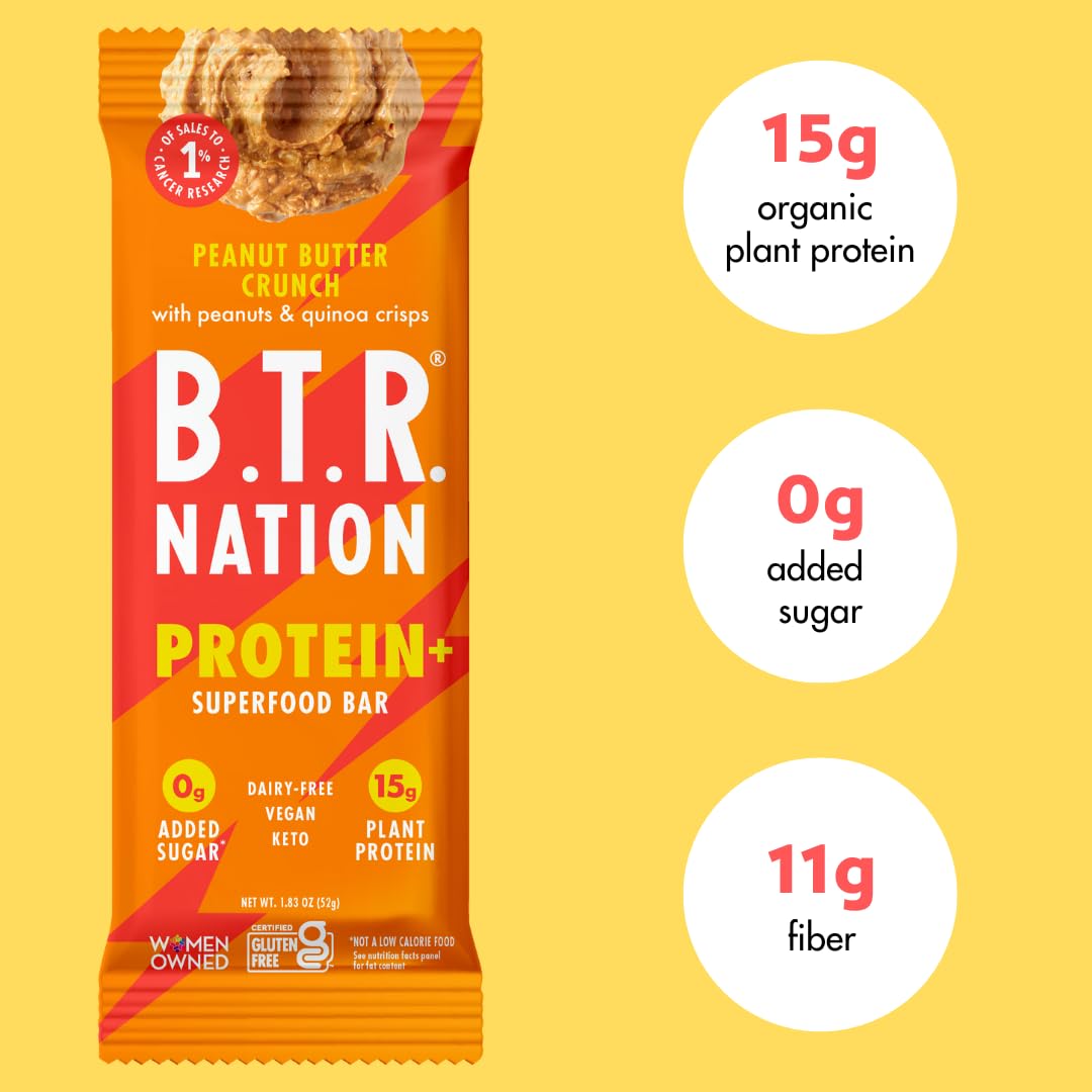 B.T.R. Vegan Keto Protein Bars - Peanut Butter Crunch - 12 Pack - Low Carb, Gluten-Free, High Fiber
