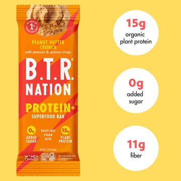 B.T.R. Vegan Keto Protein Bars - Peanut Butter Crunch - 12 Pack - Low Carb, Gluten-Free, High Fiber