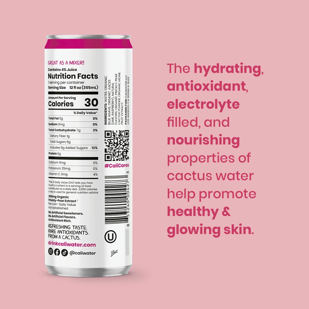 Caliwater - Organic Cactus Water - Wild Prickly Pear - 5G Sugar, 25 Calories - Coconut Water Alternative - Natural Plant Based Hydration - Skin Care, Electrolyte Drinks - Flavored Water - 12 Cans