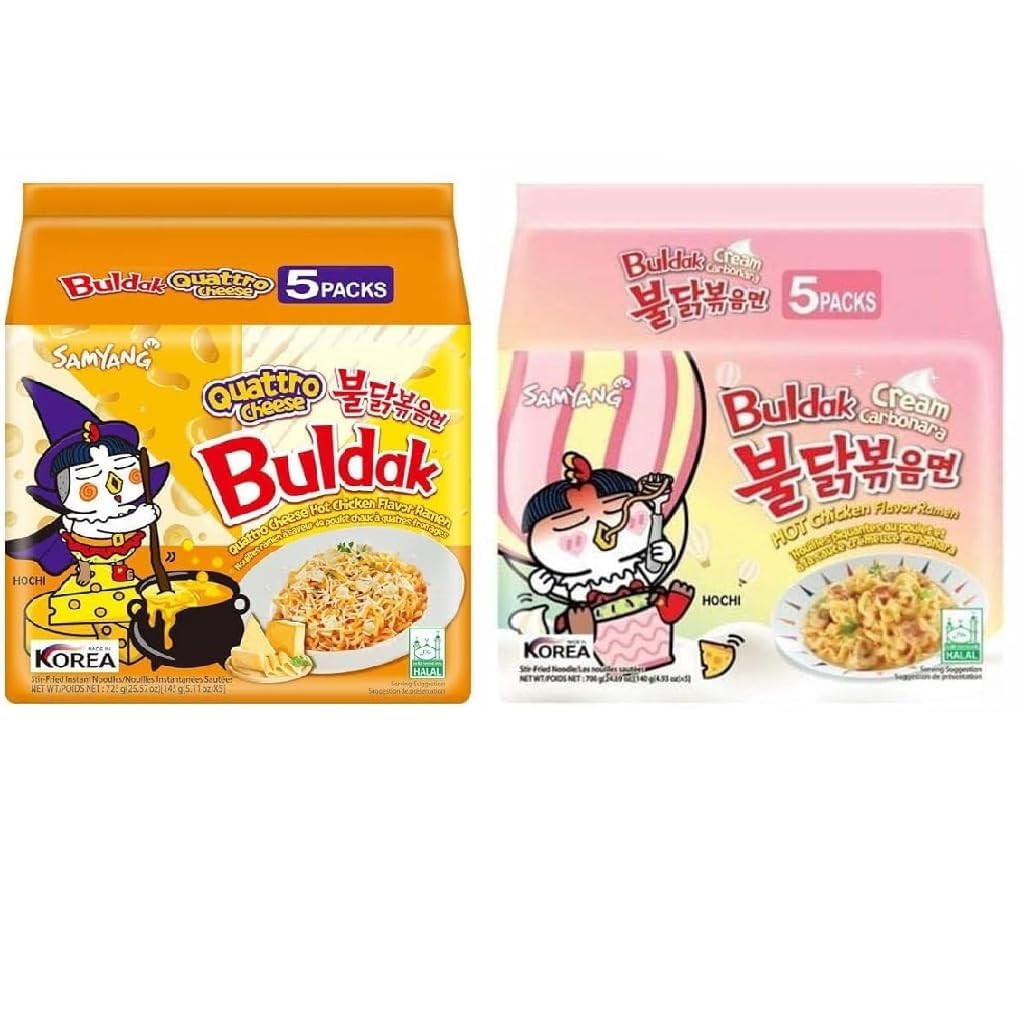 Buldak Chicken Stir Fried Ramen, Cream Carbonara, Quattro Cheese (Variety 10 Pack)