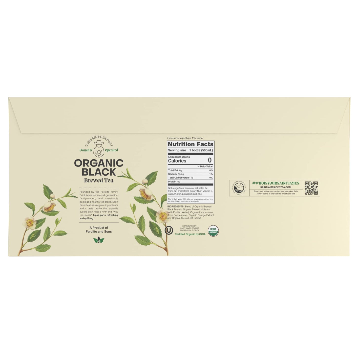 Saint James Iced Tea - Organic Black Tea - Non-GMO, Gluten Free, Zero Calorie, Zero Sugar - Blood Orange, 12 Pack (16 fl oz each