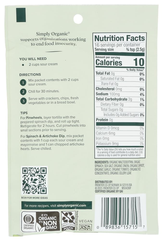 Simply Organic Spinach Dip Mix, Certified Organic, Gluten-Free, 1.41 oz, Pack of 3