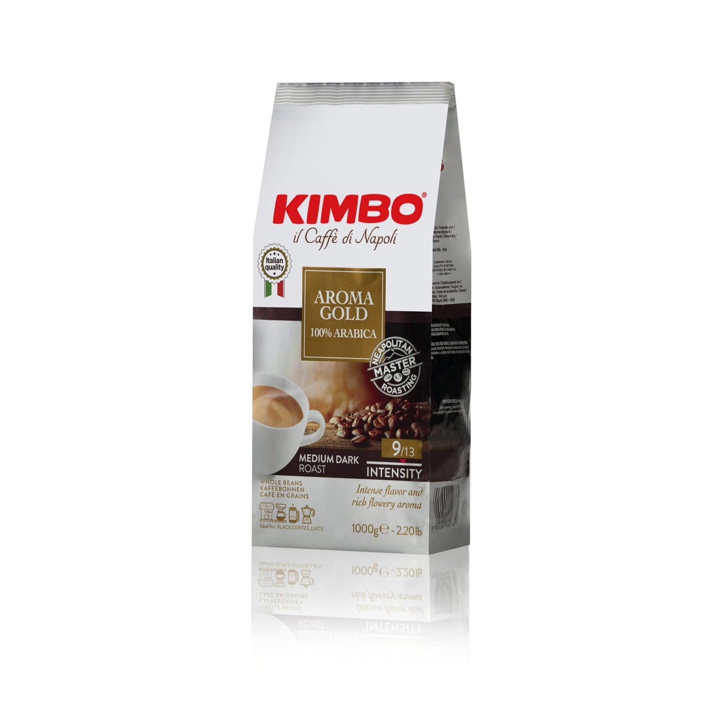 Kimbo Aroma Gold | 100% Arabica Whole Bean Coffee | Medium Dark Roast | 9/13 Intensity | 2.2 Lbs (1Kg) Bag