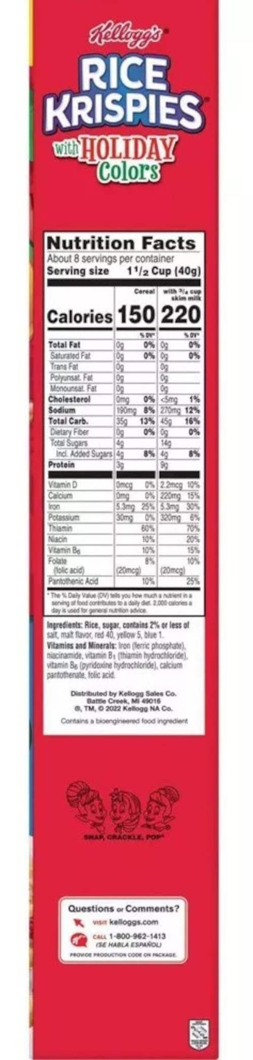 Rice Krispies Breakfast Cereal, Christmas Pack, Family Size, Original with Holiday Colors, 12oz Box (1 Box)