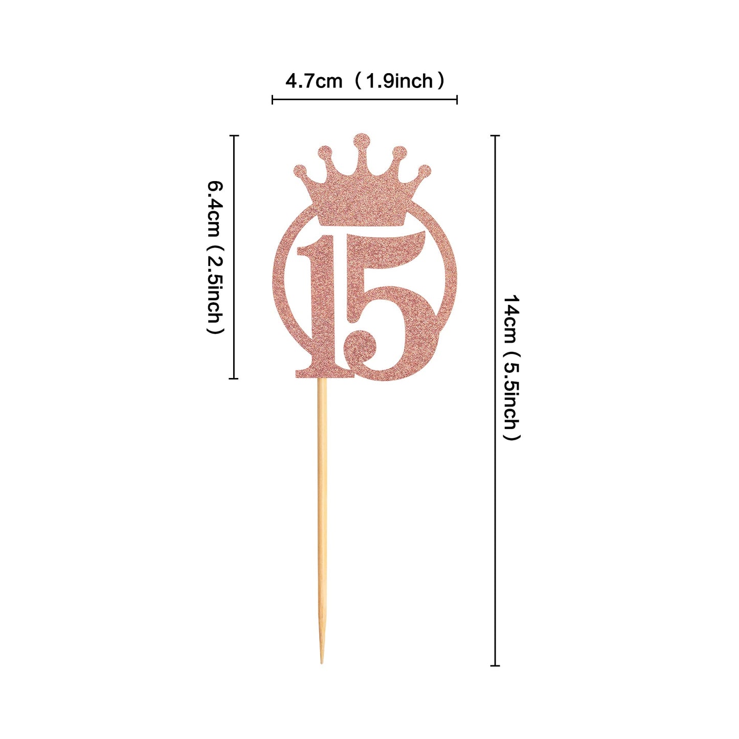 UNIMALL Rose Gold Glitter Cupcake Toppers, Pack of 24, Small Size, Bamboo and Paper Material, 15th Birthday Party Decoration