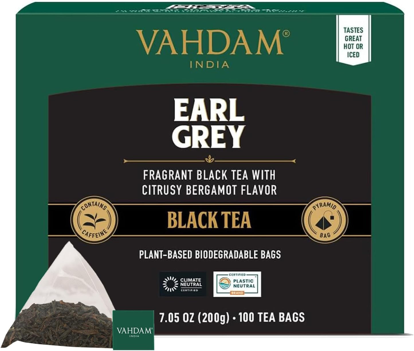 VAHDAM Earl Grey Black Tea Bags, Medium Caffeine, Non-GMO, Gluten Free, 100 Count, Resealable Ziplock Pouch